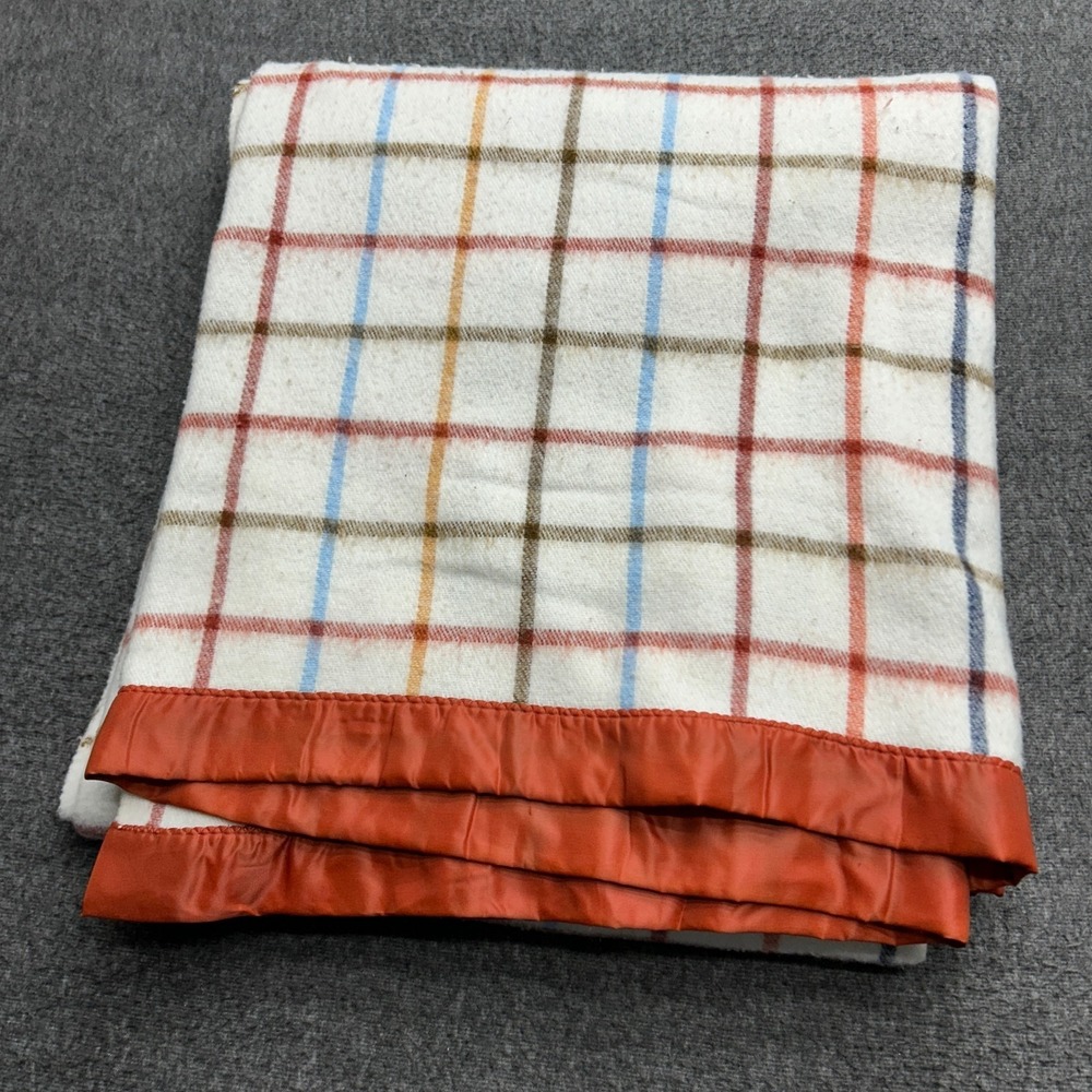 Vintage Plaid Acrylic Satin Trim Blanket Plaid MCM Retro Stevens‎ Utica 80x90